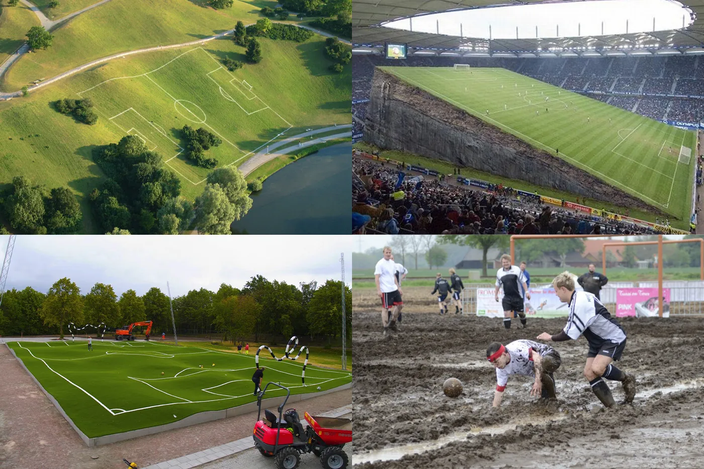 Four images showing different soccer fields that are almost impossible to play on, because they are on hills, very uneven or muddy